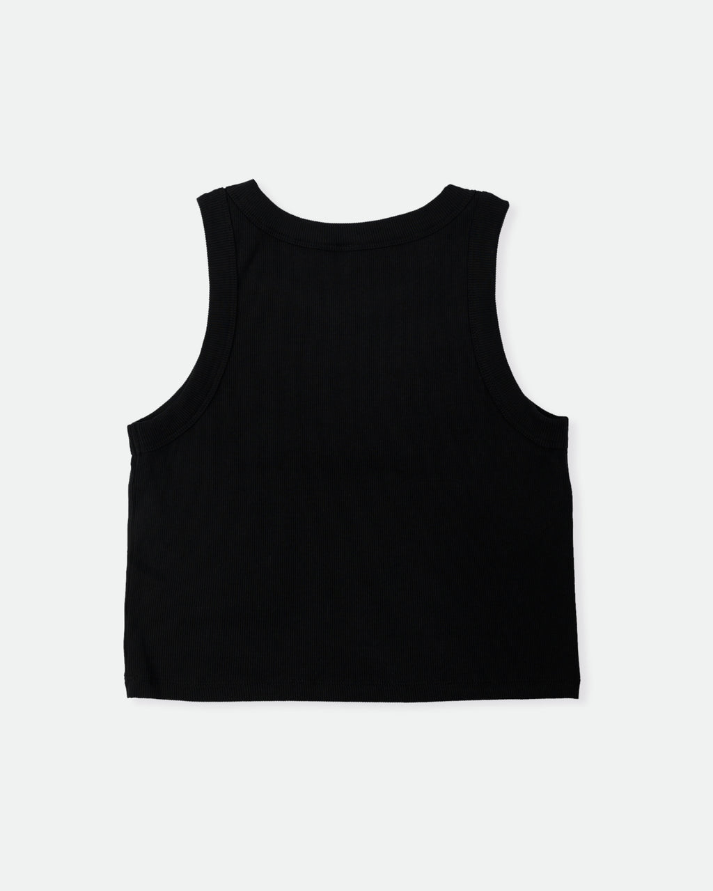 Clean studio image of back of women’s small-batch black crop tank from Doorcigs.