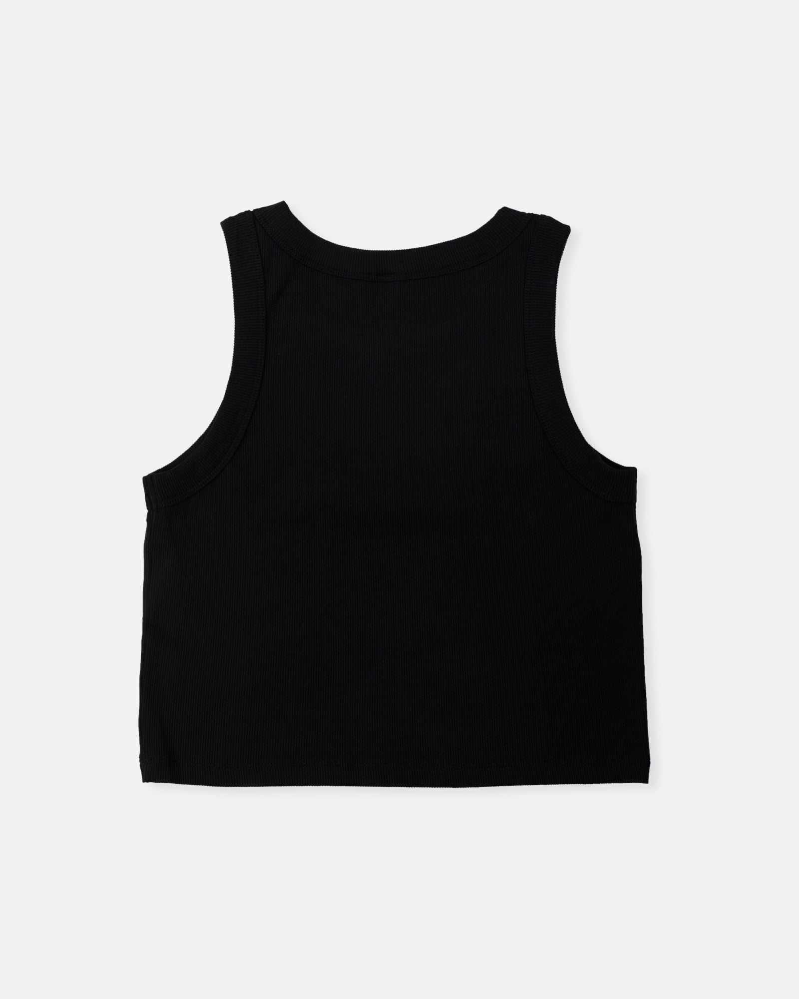 Clean studio image of back of women’s small-batch black crop tank from Doorcigs.