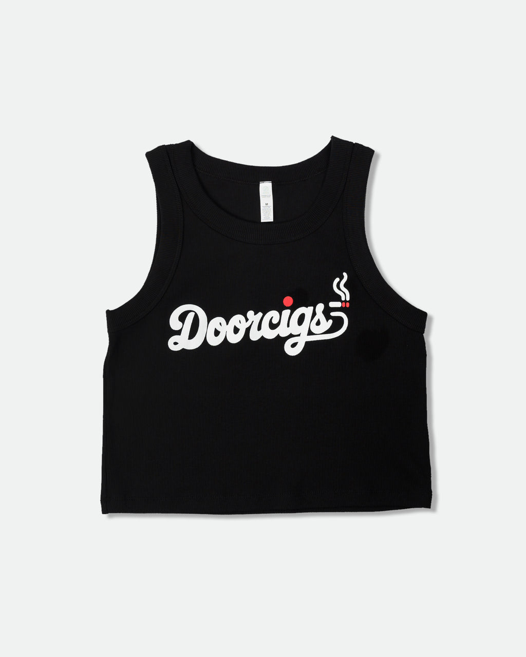 Clean studio image of front of Independent streetwear brand Doorcigs  women’s small-batch black crop tank from Doorcigs.