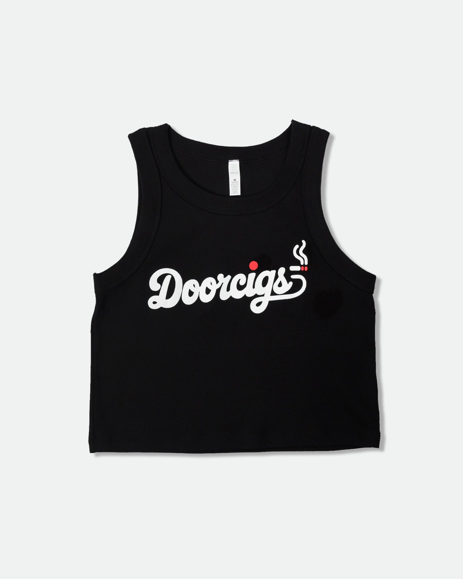 Clean studio image of front of Independent streetwear brand Doorcigs  women’s small-batch black crop tank from Doorcigs.